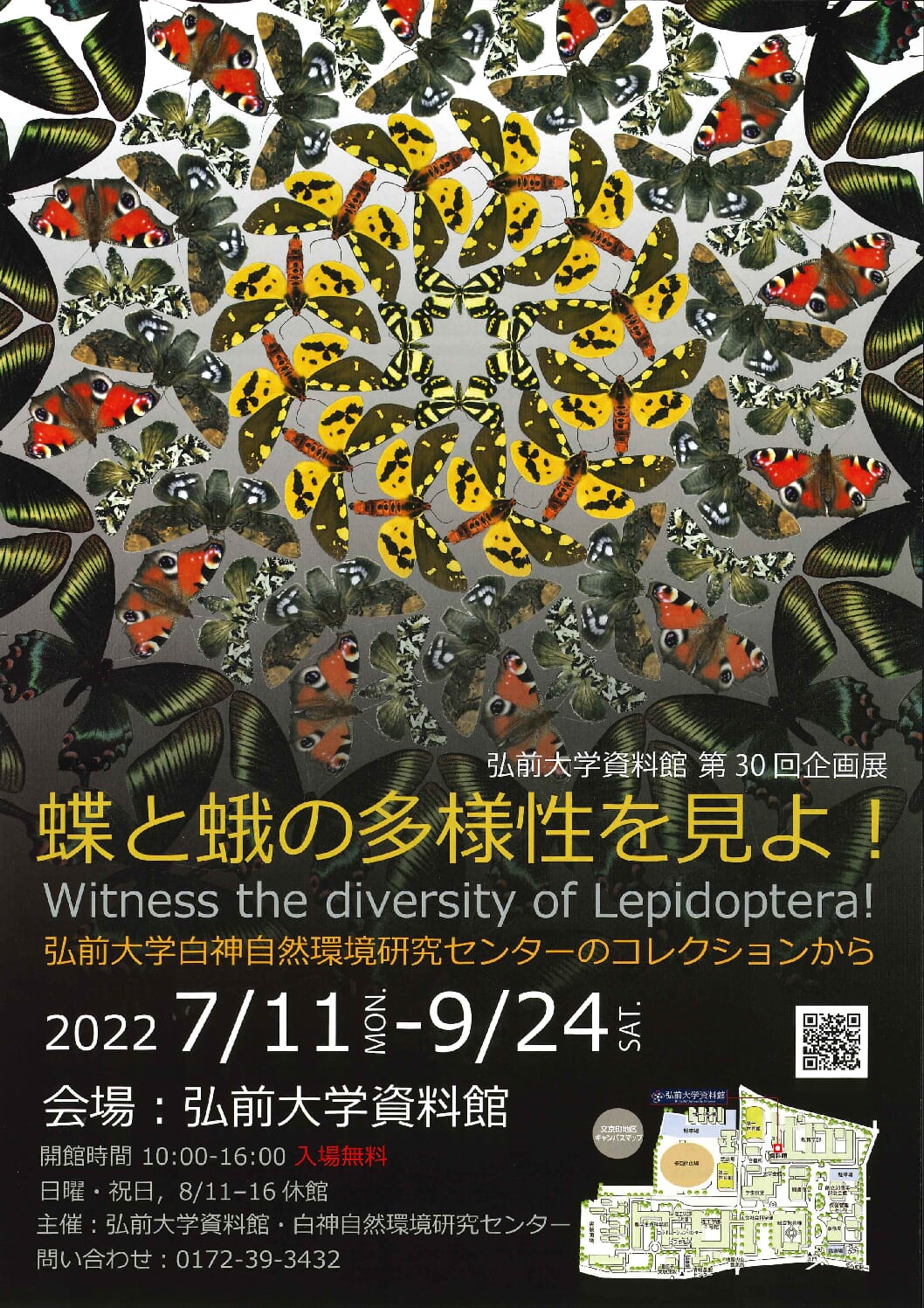現在開催中の弘前大学資料館第３０回企画展「蝶と蛾の多様性を見よ！」の開催期間を９月２４日（土）から１０月２９日（土）まで延長いたします。
